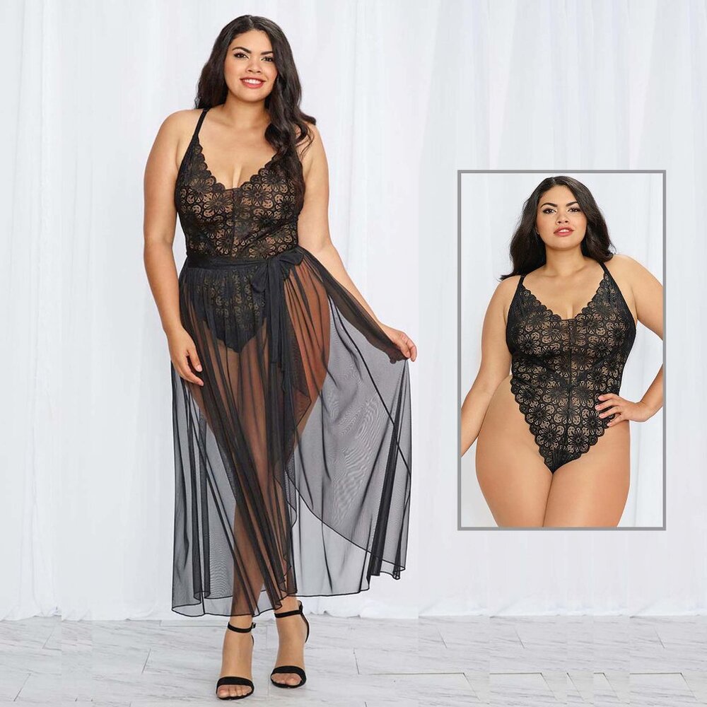 Lace Teddy and Sheer Skirt Set Womens Plus Size 1X Black Bodysuit Lingerie